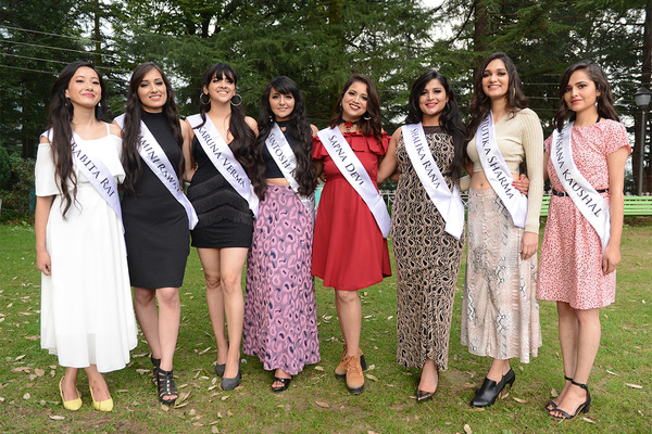 Contestants of Miss Himalaya Pageant 2019 pose during a press conference in McLeod Ganj, India, on 11 October 2019.